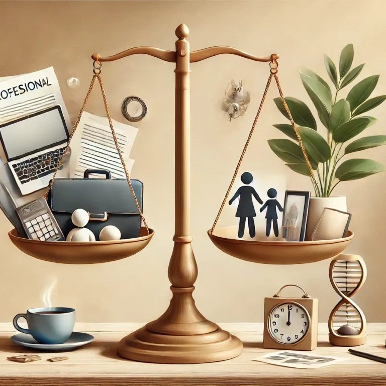 Image d'une balance représentant l'équilibre entre la vie professionnelle et personnelle, avec des objets symbolisant le travail d'un côté (ordinateur, documents) et des éléments personnels de l'autre (photo de famille, tasse de café), illustrant l'harmonie entre ces deux sphères.