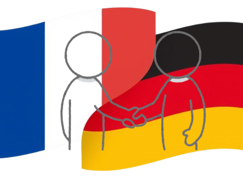 Deux personnages se serrent la main devant les drapeaux de la France et de l'Allemagne.